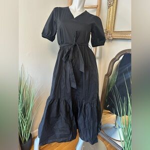 TOP IT OFF Puff Sleeve Tiered Tie Waist Zip Back Black Midi Dress 4/6
